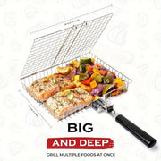 Large Folding Grill Turner with Handle Stainless Steel Basket for Fish Shrimp Vegetables Outdoor Camping