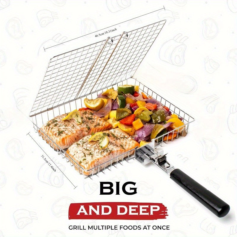Large Folding Grill Turner with Handle Stainless Steel Basket for Fish Shrimp Vegetables Outdoor Camping