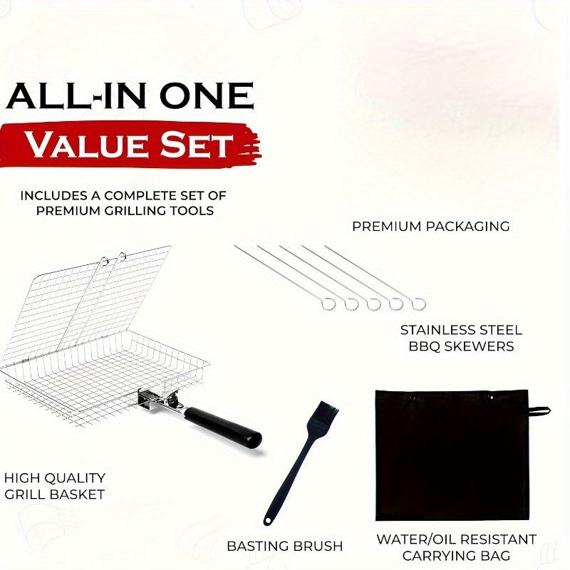 Large Folding Grill Turner with Handle Stainless Steel Basket for Fish Shrimp Vegetables Outdoor Camping