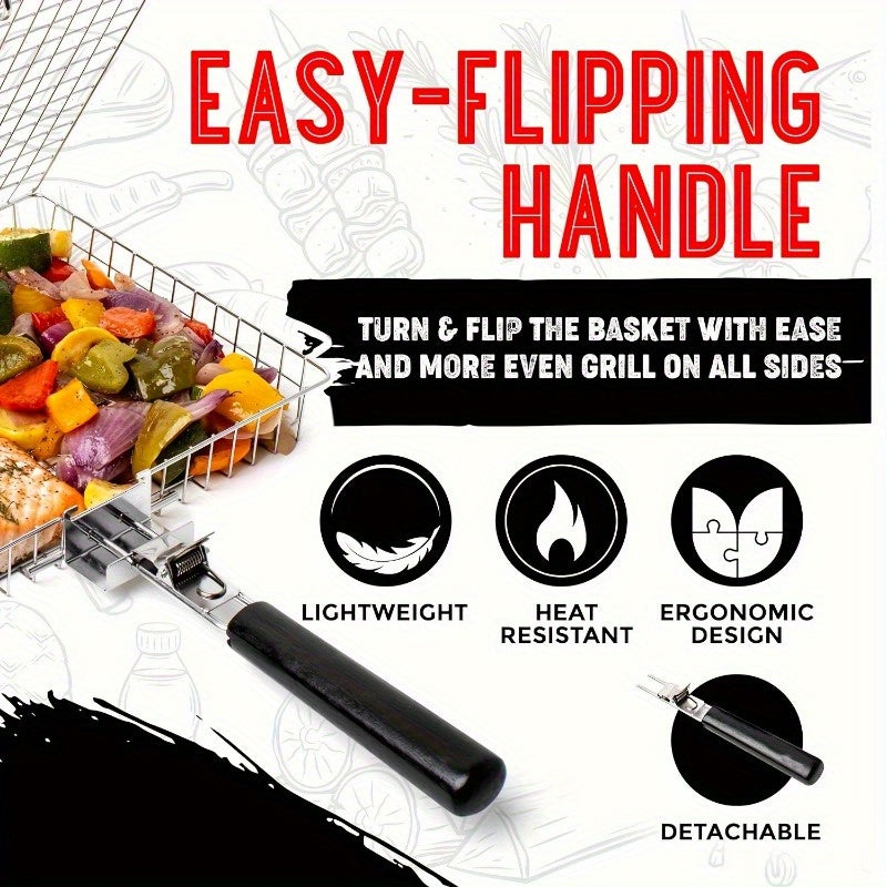 Large Folding Grill Turner with Handle Stainless Steel Basket for Fish Shrimp Vegetables Outdoor Camping