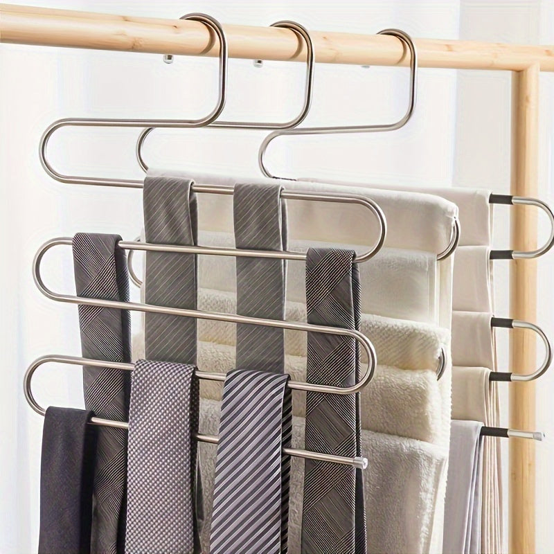 Multi-Layer Stainless Steel Pants Hanger with S-Shaped Design Non-Slip Space-Saving Organizer