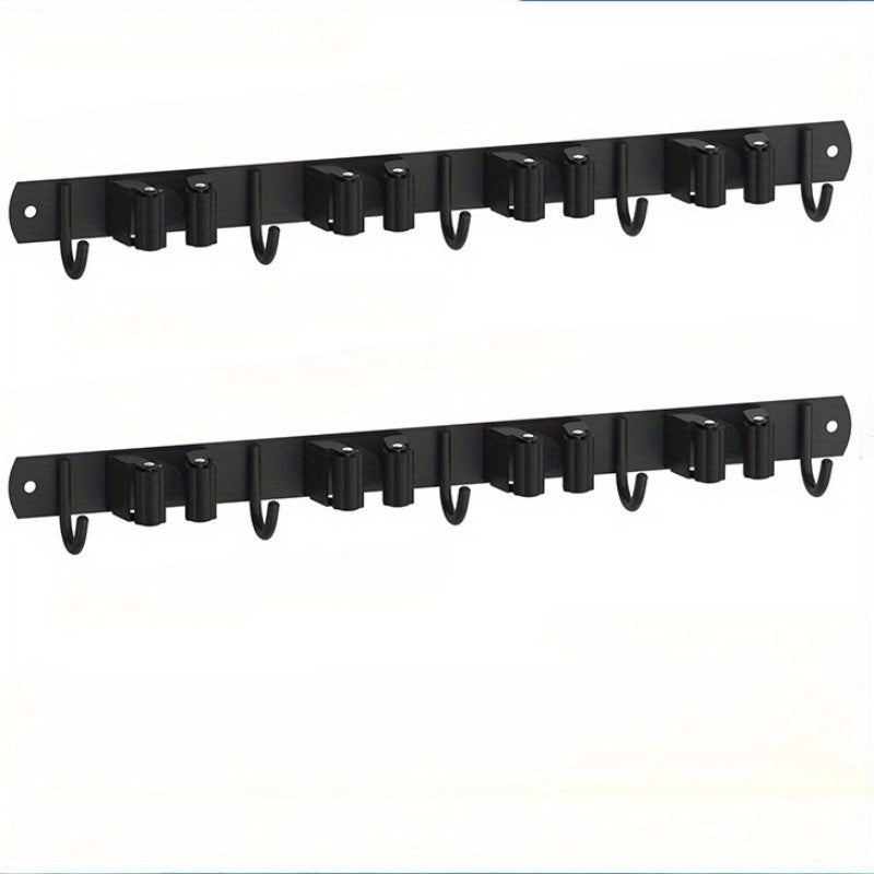 Soporte para escoba y fregona negro de montaje en pared con ganchos de madera para garaje, lavandería y armario