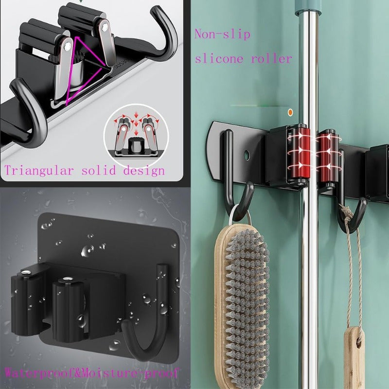 Soporte para escoba y fregona negro de montaje en pared con ganchos de madera para garaje, lavandería y armario