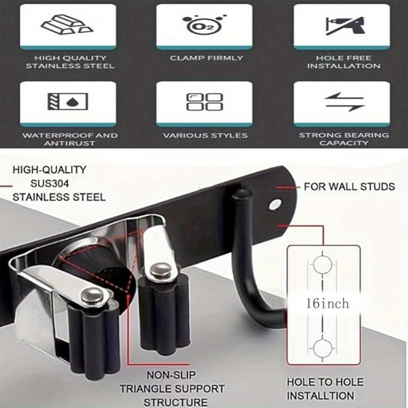 Soporte para escoba y fregona negro de montaje en pared con ganchos de madera para garaje, lavandería y armario