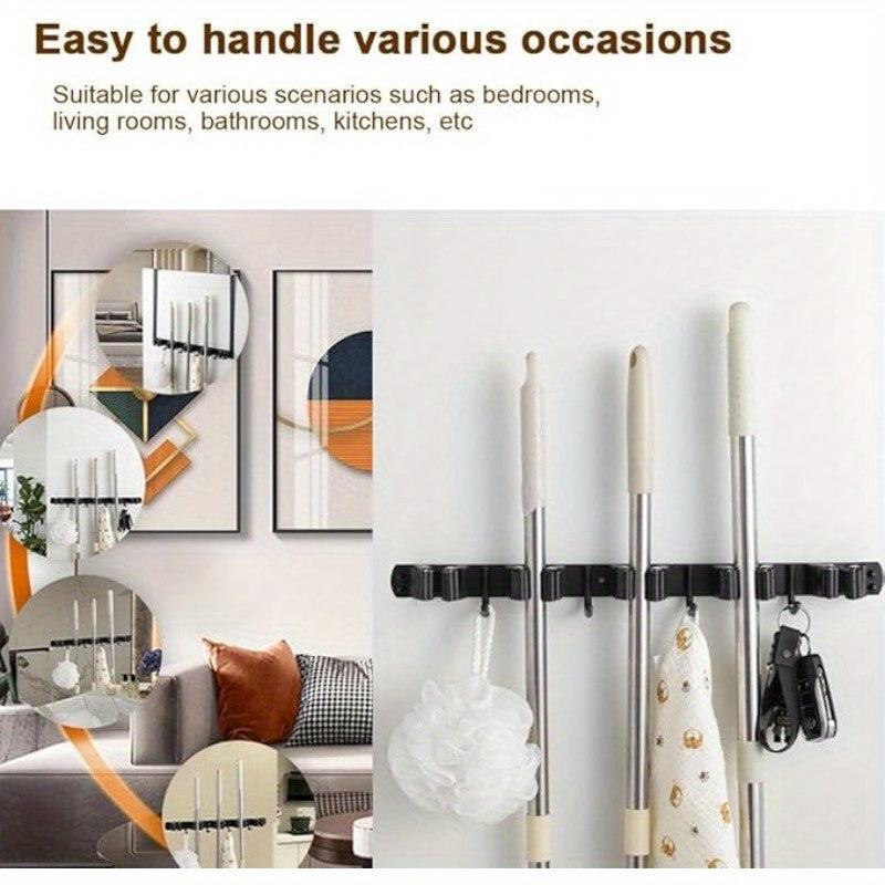Soporte para escoba y fregona negro de montaje en pared con ganchos de madera para garaje, lavandería y armario