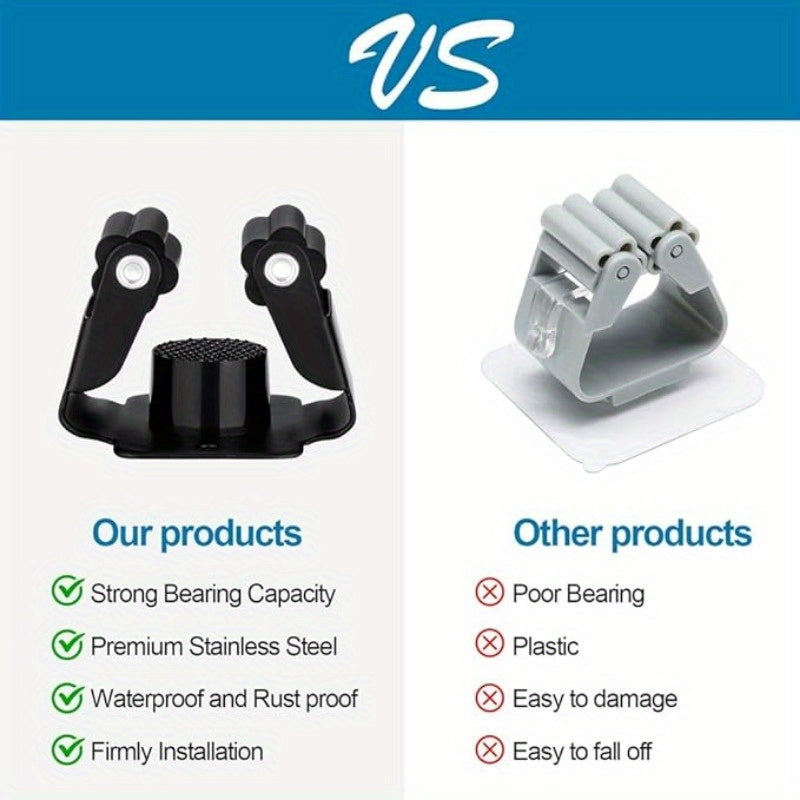 Soporte para escoba y fregona negro de montaje en pared con ganchos de madera para garaje, lavandería y armario