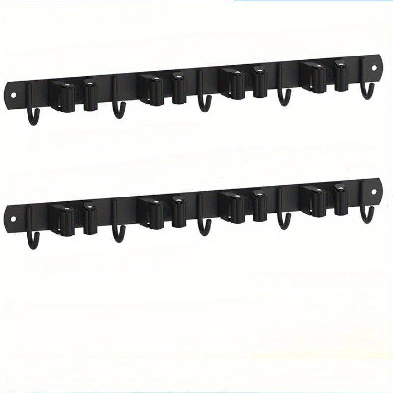 Soporte para escoba y fregona negro de montaje en pared con ganchos de madera para garaje, lavandería y armario