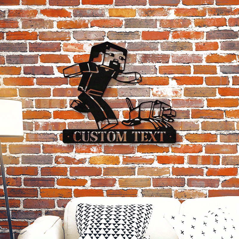 Black Metal Wall Art with Gaming Character Cutout for Home Office Garden Patio Decor