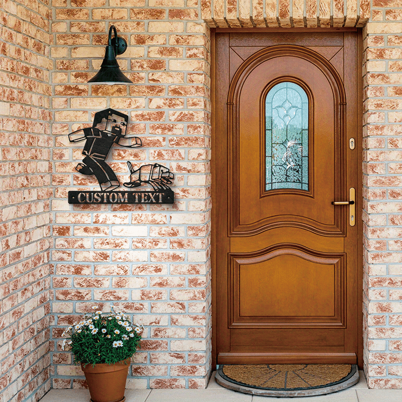 Black Metal Wall Art with Gaming Character Cutout for Home Office Garden Patio Decor