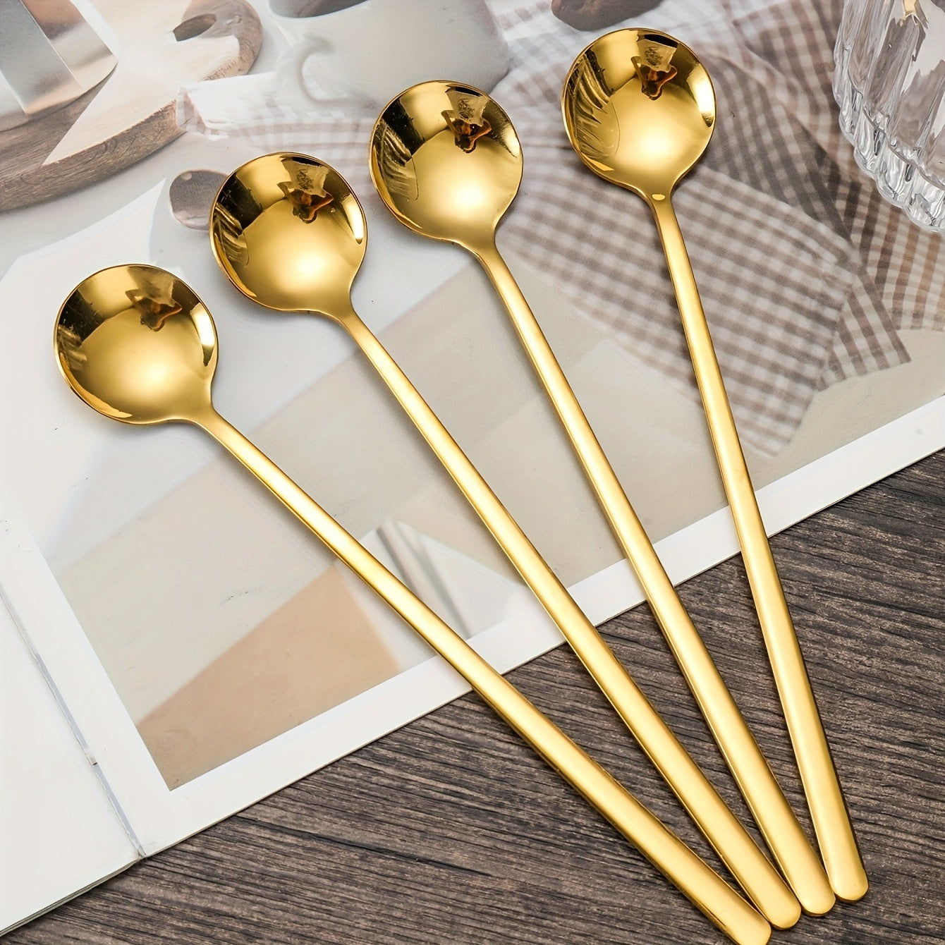 Set of 4 Golden Stainless Steel Coffee Spoons Small Round Polished Finish