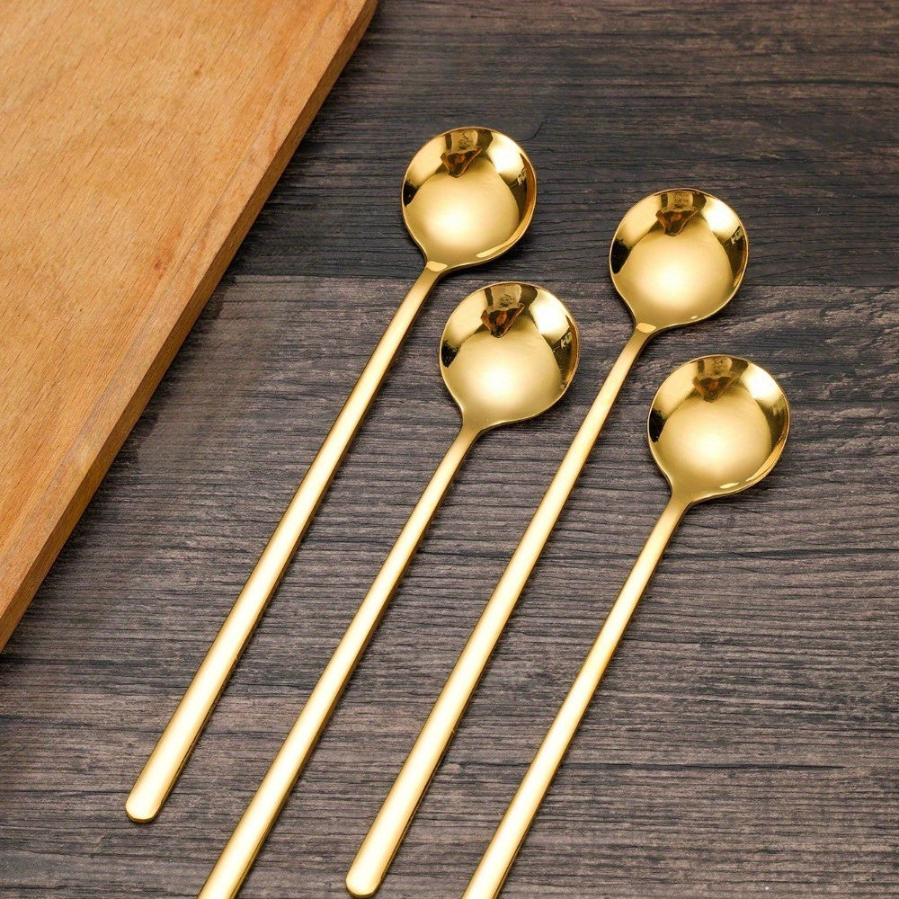 Set of 4 Golden Stainless Steel Coffee Spoons Small Round Polished Finish