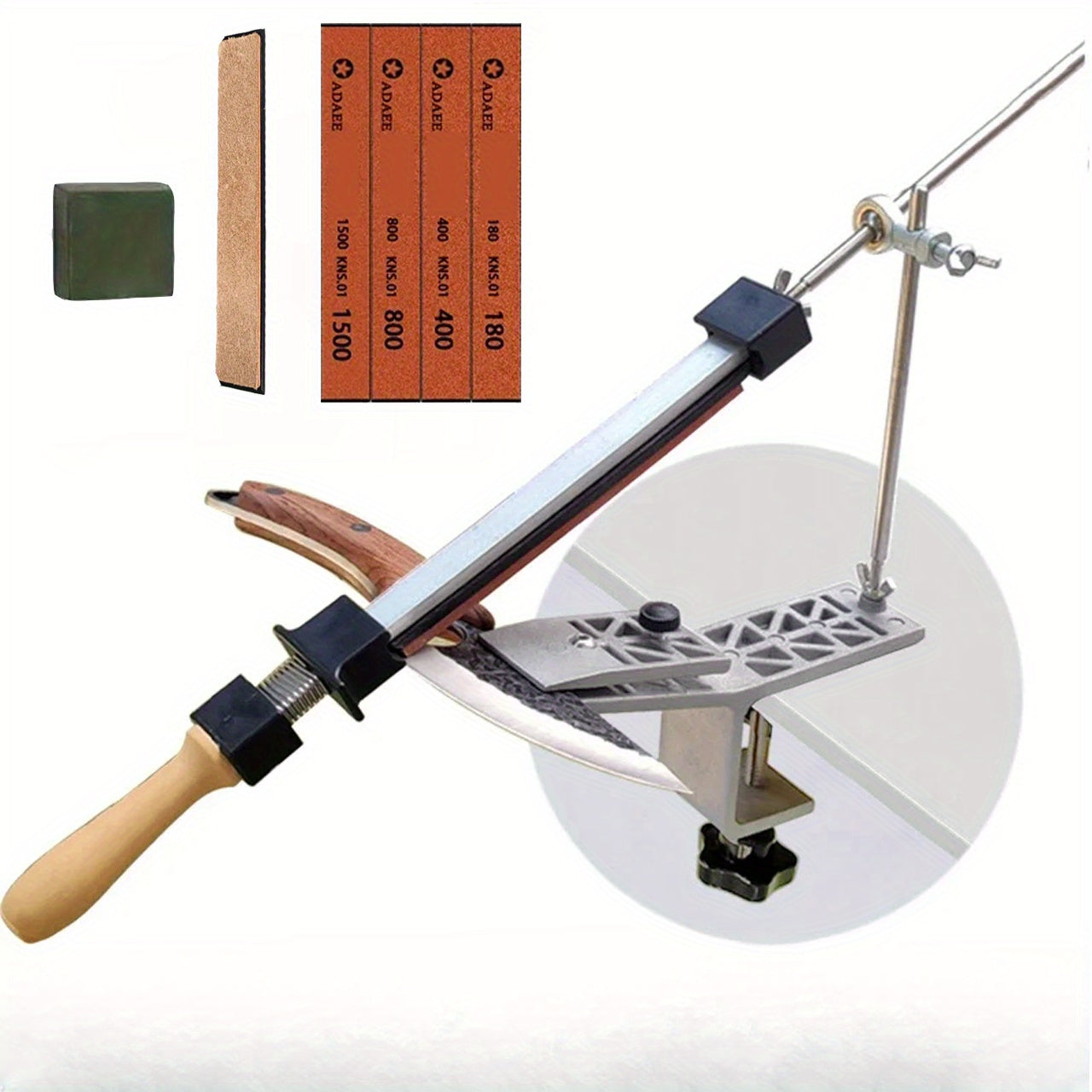 Не нужно электричества с этим профессиональным набором для заточки ножей, который включает фиксированный кронштейн, конструкцию из цинкового сплава, точильный камень и ручной инструмент для заточки домашних ножей.