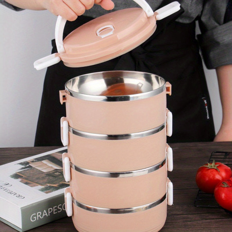 Insulated Stainless Steel Lunch Box Large Capacity Multi-Layer Round White Handle