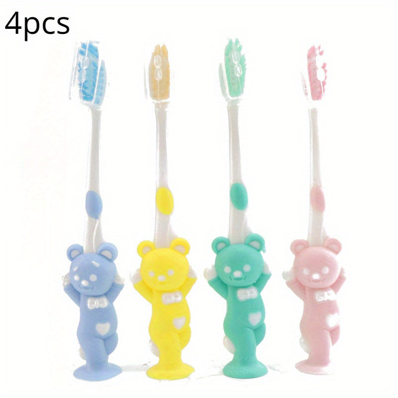 Set of Four Soft Bristle Bamboo Charcoal Toothbrushes with Cute Rabbit and Bear Designs in Pastel Colors