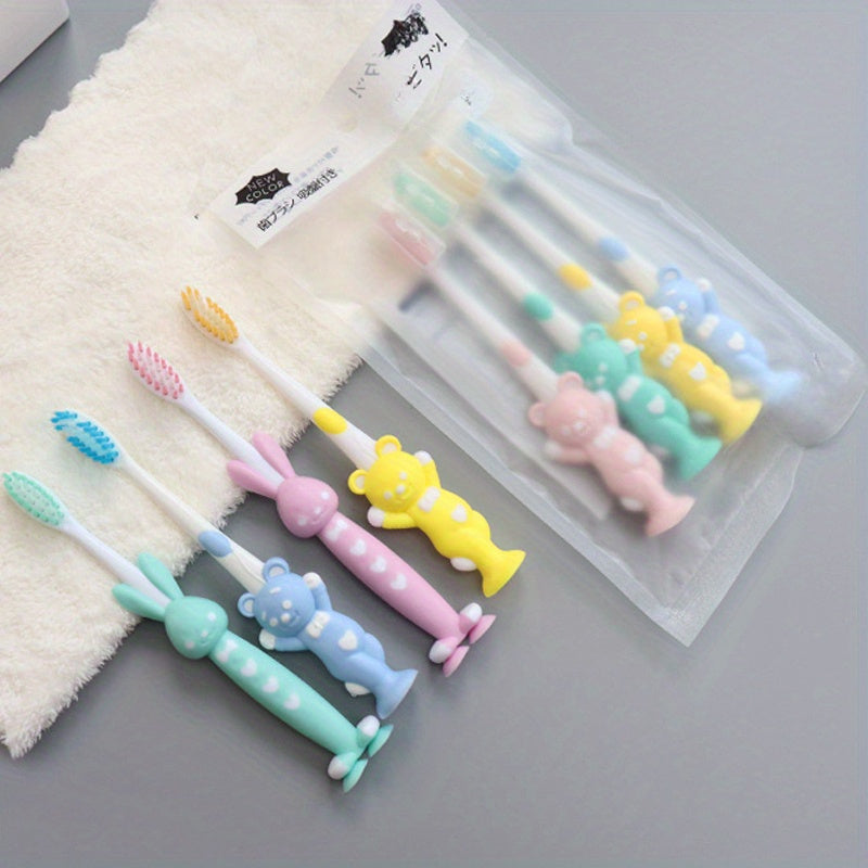 Set of Four Soft Bristle Bamboo Charcoal Toothbrushes with Cute Rabbit and Bear Designs in Pastel Colors