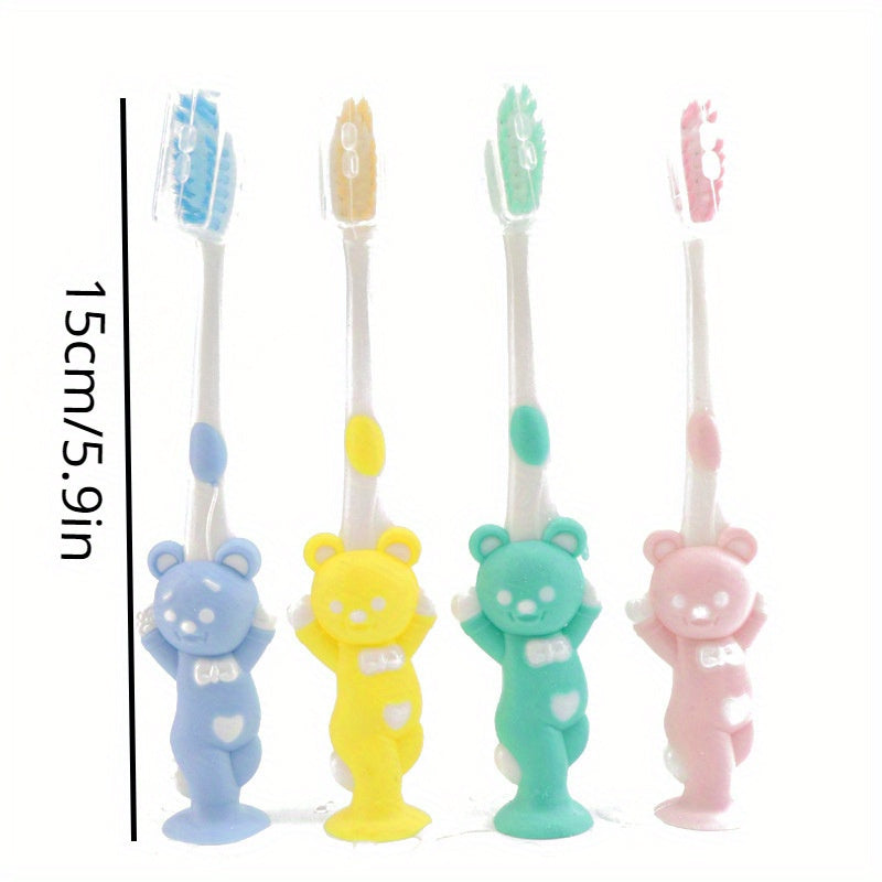 Set of Four Soft Bristle Bamboo Charcoal Toothbrushes with Cute Rabbit and Bear Designs in Pastel Colors