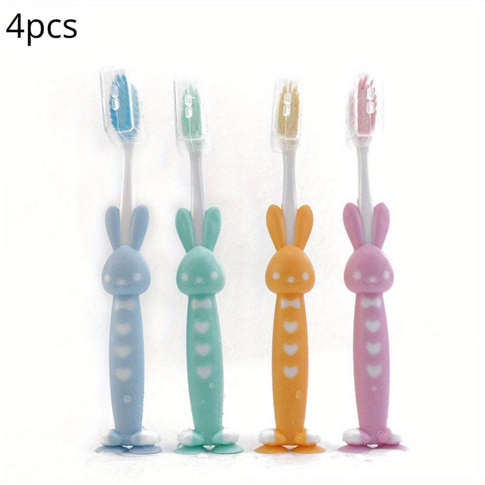 Set of Four Soft Bristle Bamboo Charcoal Toothbrushes with Cute Rabbit and Bear Designs in Pastel Colors