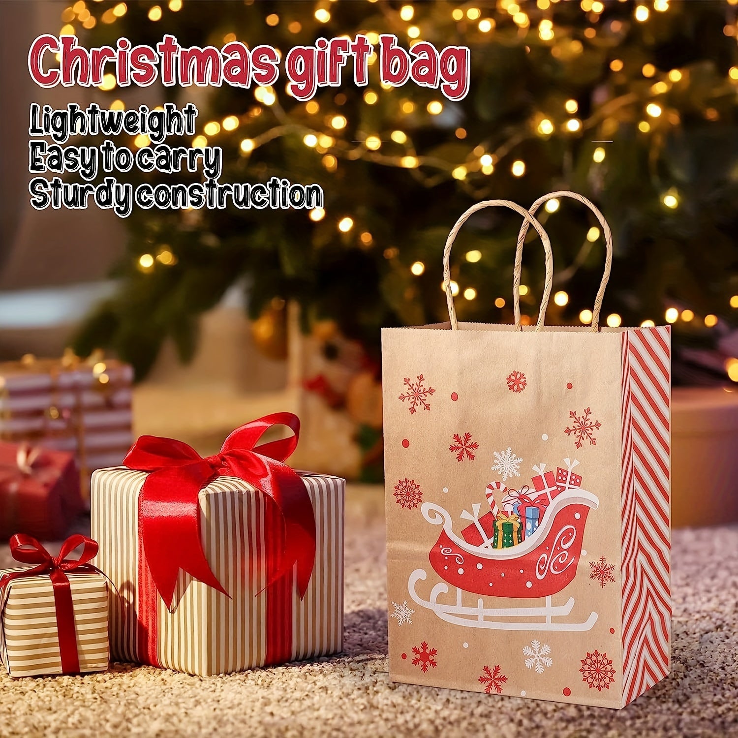 Set of 8 Christmas Kraft Paper Gift Bags 21x15cm for Holiday Parties and Home Organization