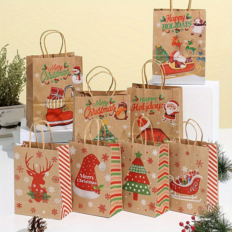 Set of 8 Christmas Kraft Paper Gift Bags 21x15cm for Holiday Parties and Home Organization