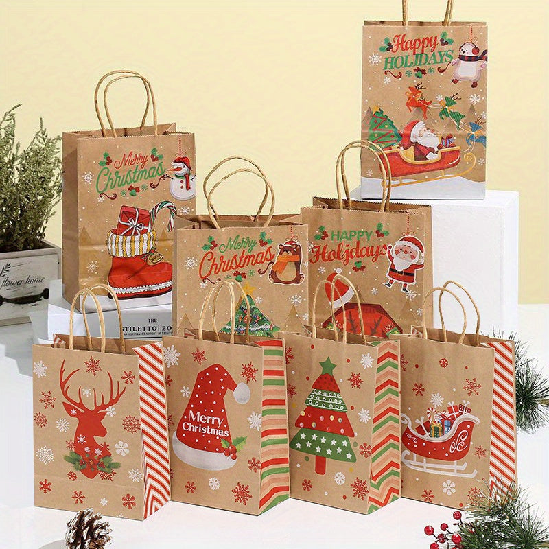 Set of 8 Christmas Kraft Paper Gift Bags 21x15cm for Holiday Parties and Home Organization