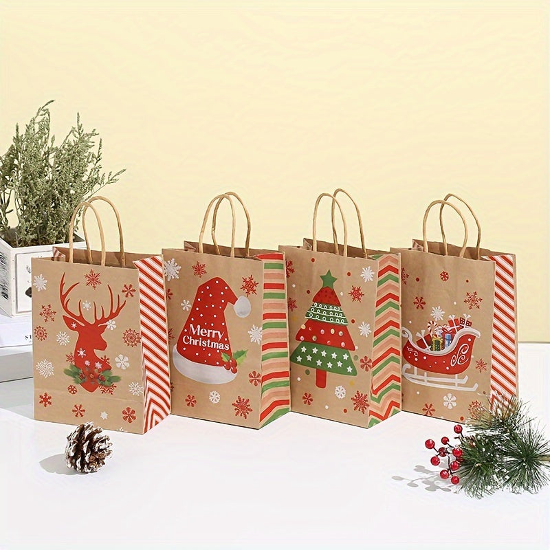 Set of 8 Christmas Kraft Paper Gift Bags 21x15cm for Holiday Parties and Home Organization