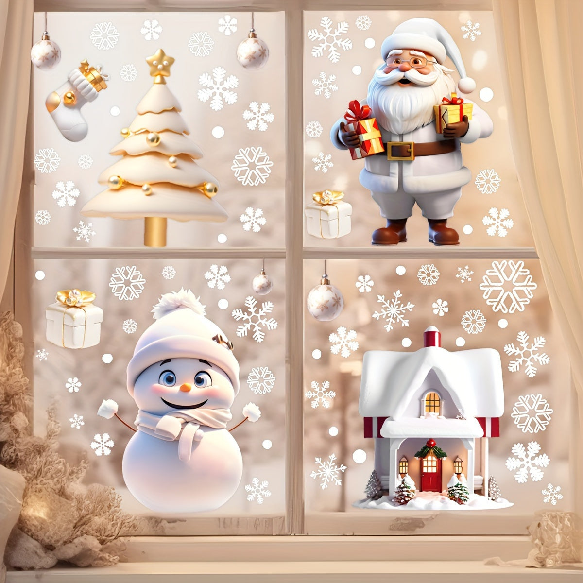 Festive Christmas Window Clings Set with Santa Snowman Holiday Decorations