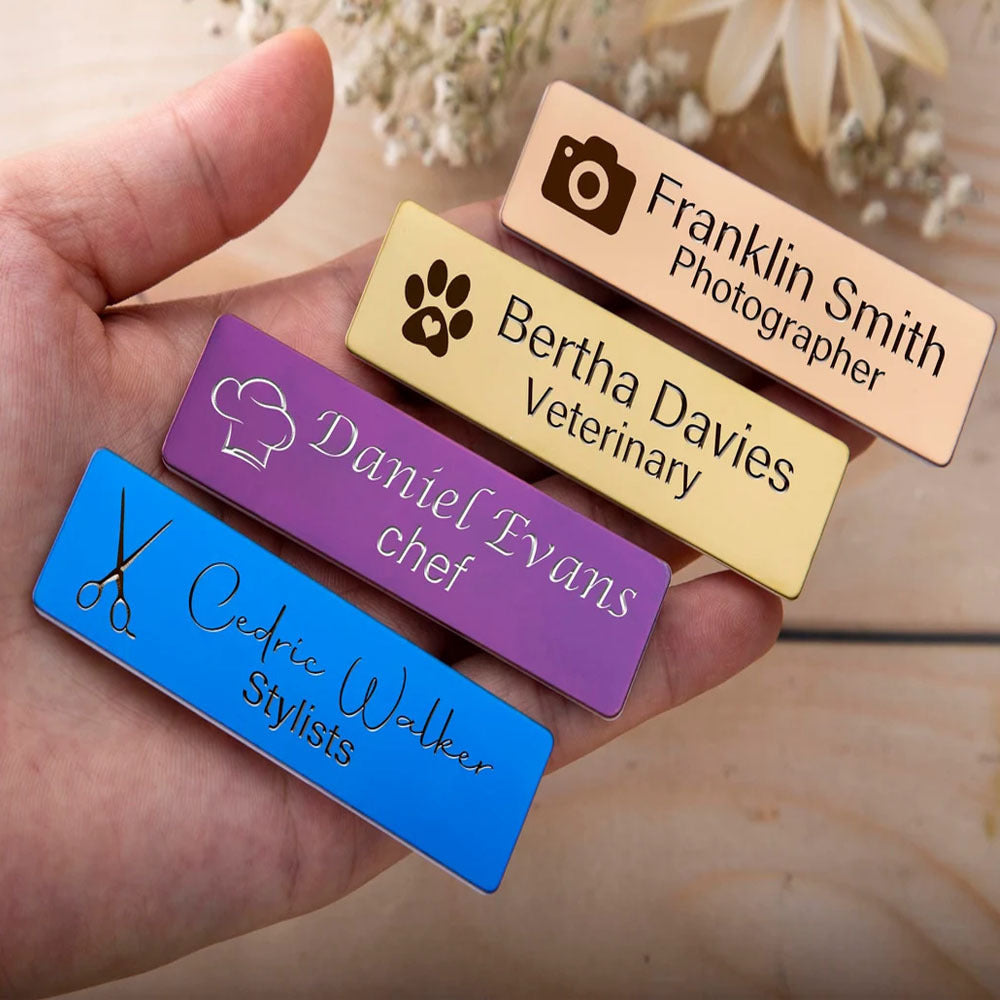 Personalized Engraved Name Badge Magnet with Custom Label or Pin