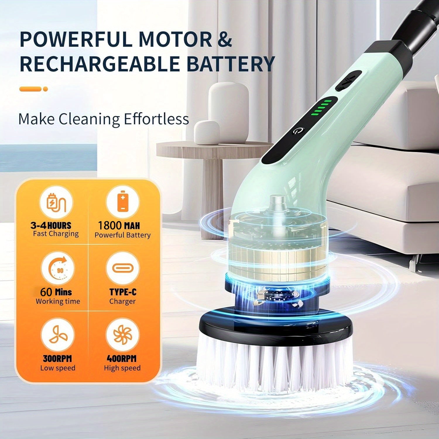 Elektr tozalash cho'tkasi - Ko'p funksiyali. USB orqali zaryadlanadigan, uzun tutqichi va tortiladigan dizayni bilan oshxona, hammom va avtomobil uchun. 1800mAh litiy batareyali ikki maqsadli tozalovchi.
