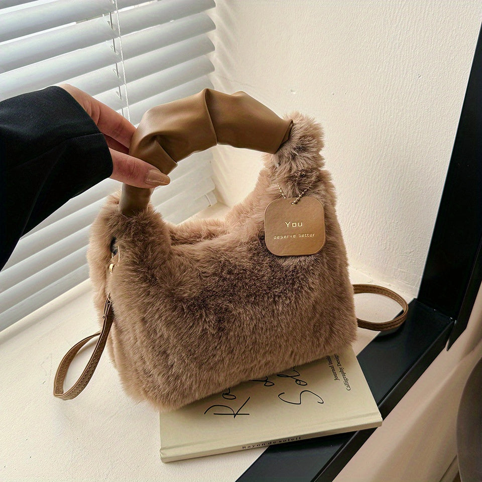 Faux Fur Crossbody Bag for Women Plush Zipper Closure Solid Color Autumn Winter