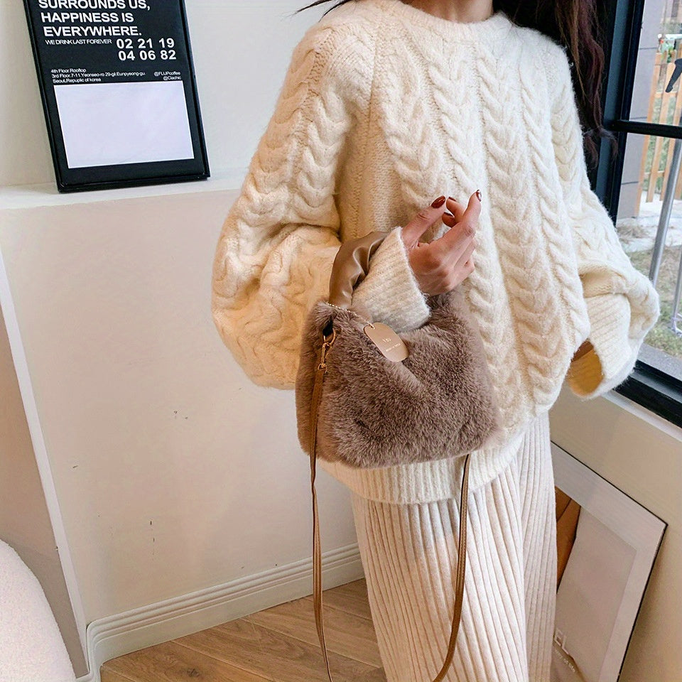 Faux Fur Crossbody Bag for Women Plush Zipper Closure Solid Color Autumn Winter