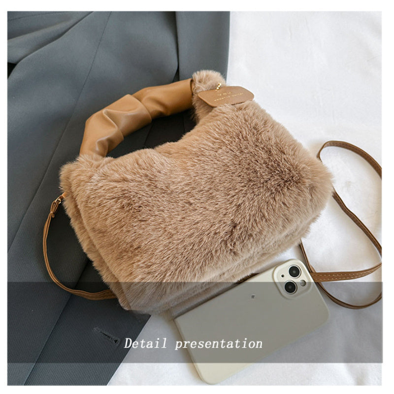 Faux Fur Crossbody Bag for Women Plush Zipper Closure Solid Color Autumn Winter