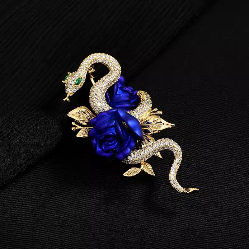 Unisex Rose and Snake Enamel Brooch Pin with Crystal Details