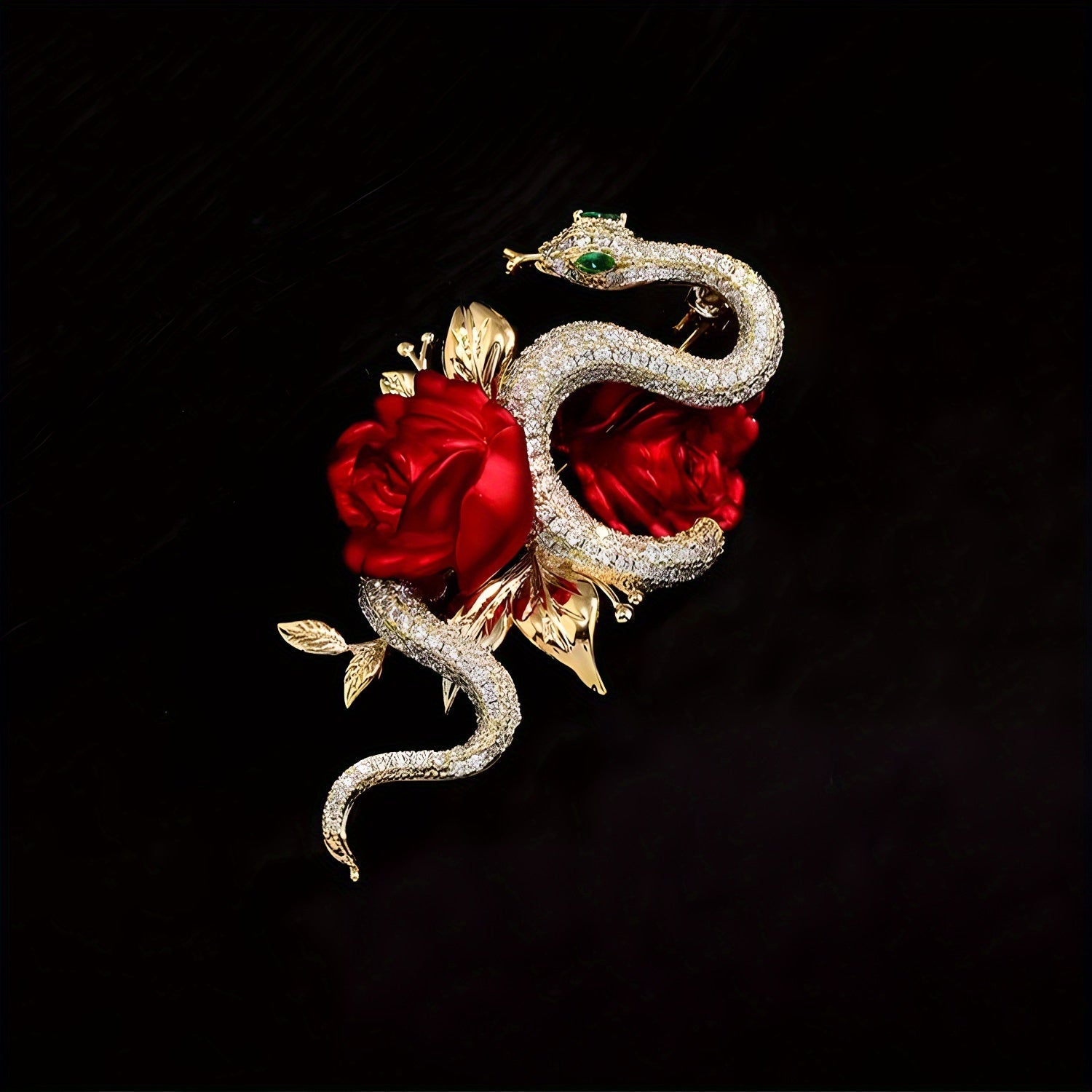 Unisex Rose and Snake Enamel Brooch Pin with Crystal Details