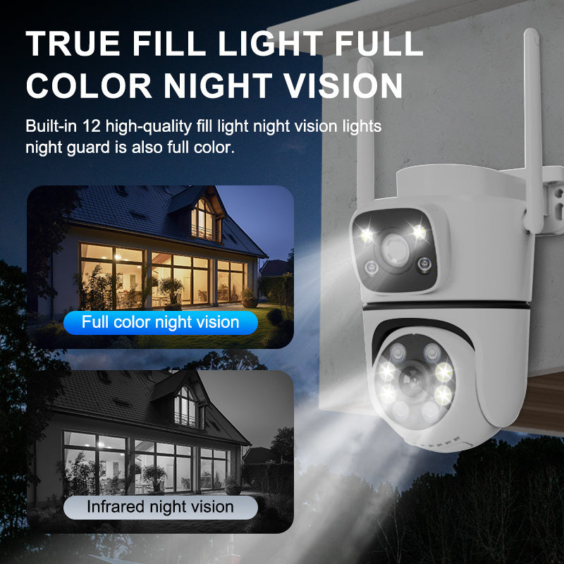 Cámara de seguridad de doble lente 2MP WiFi para uso interior y exterior, detección de personas, visión nocturna