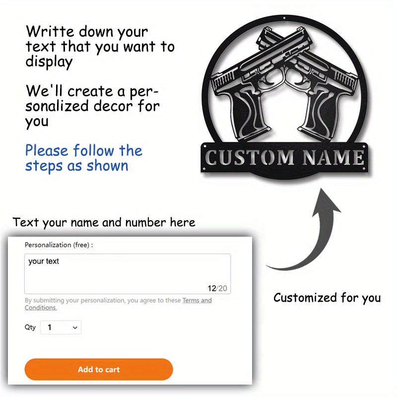 Personalized Gun Metal Wall Art with Custom Name Black Decor Sign for Home Office