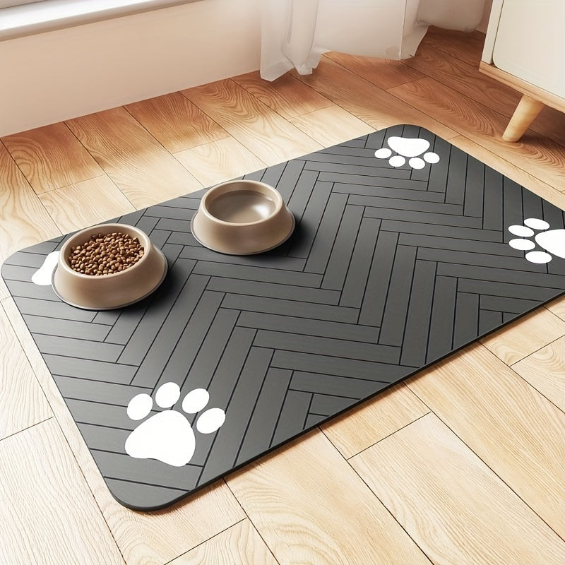 Diatomaceous Earth Pet Feeding Mat for Dogs and Cats Splash-Proof Absorbent Washable Black Paw Print