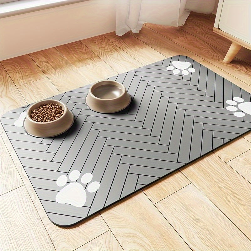 Diatomaceous Earth Pet Feeding Mat for Dogs and Cats Splash-Proof Absorbent Washable Black Paw Print