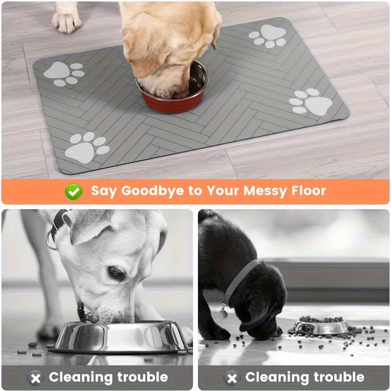 Diatomaceous Earth Pet Feeding Mat for Dogs and Cats Splash-Proof Absorbent Washable Black Paw Print