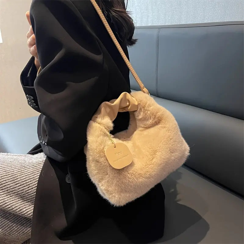 Faux Fur Crossbody Bag for Women Plush Zipper Closure Solid Color Autumn Winter