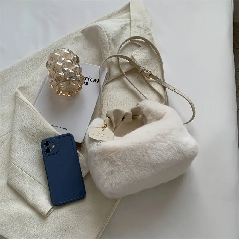Faux Fur Crossbody Bag for Women Plush Zipper Closure Solid Color Autumn Winter