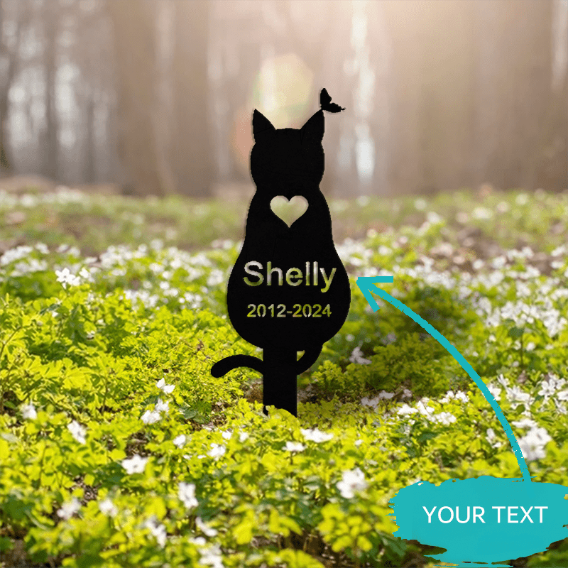 Maxsus o'yma shaxsiy qora metall mushuk xotira bog'iga qo'yiladigan ustun - yurak detali uy hayvonini yo'qotish xotirasi, bog' dekoratsiyasi uchun mustahkam temir silueti.