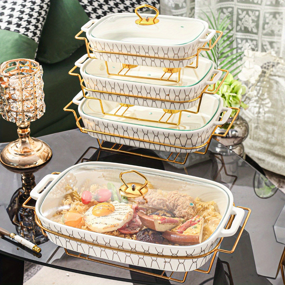 Qopqog'li keramika stokpot 1ta, oltin rangli chekka, sho'rva, sho'rva va qovurilgan idishlar uchun