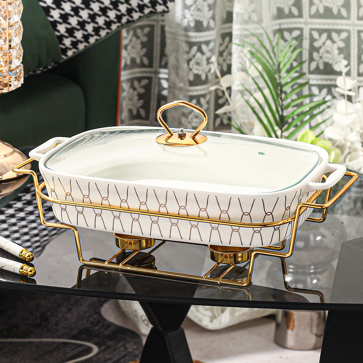 Qopqog'li keramika stokpot 1ta, oltin rangli chekka, sho'rva, sho'rva va qovurilgan idishlar uchun