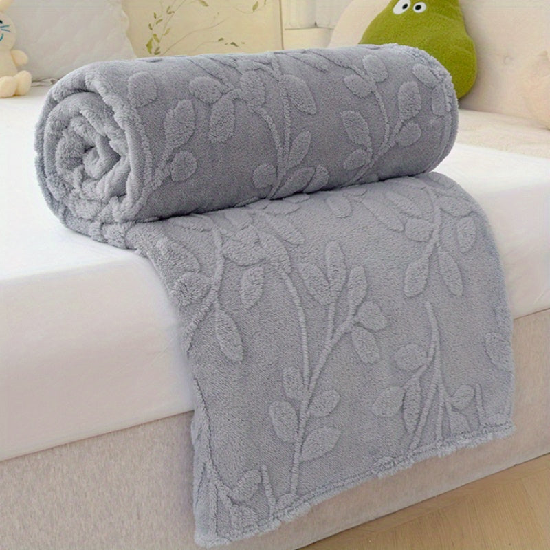 Gray Taffeta Jacquard Throw Blanket with 3D Leaf Pattern Soft Stylish for Living Room Sofa Bedroom