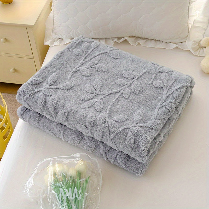 Gray Taffeta Jacquard Throw Blanket with 3D Leaf Pattern Soft Stylish for Living Room Sofa Bedroom