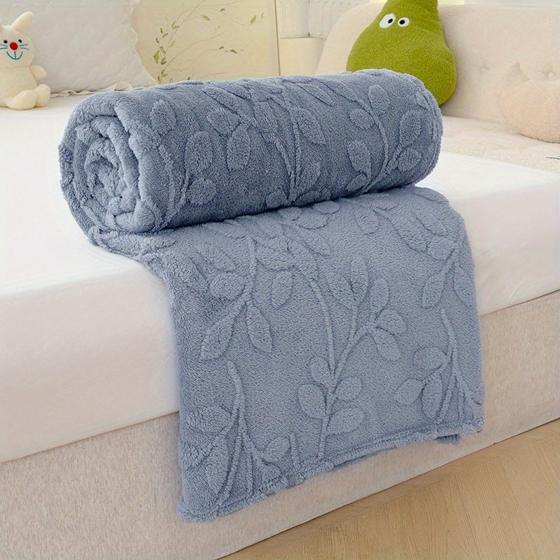 Gray Taffeta Jacquard Throw Blanket with 3D Leaf Pattern Soft Stylish for Living Room Sofa Bedroom