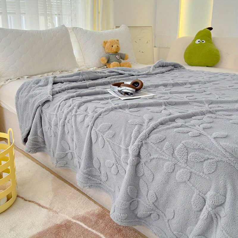 Gray Taffeta Jacquard Throw Blanket with 3D Leaf Pattern Soft Stylish for Living Room Sofa Bedroom