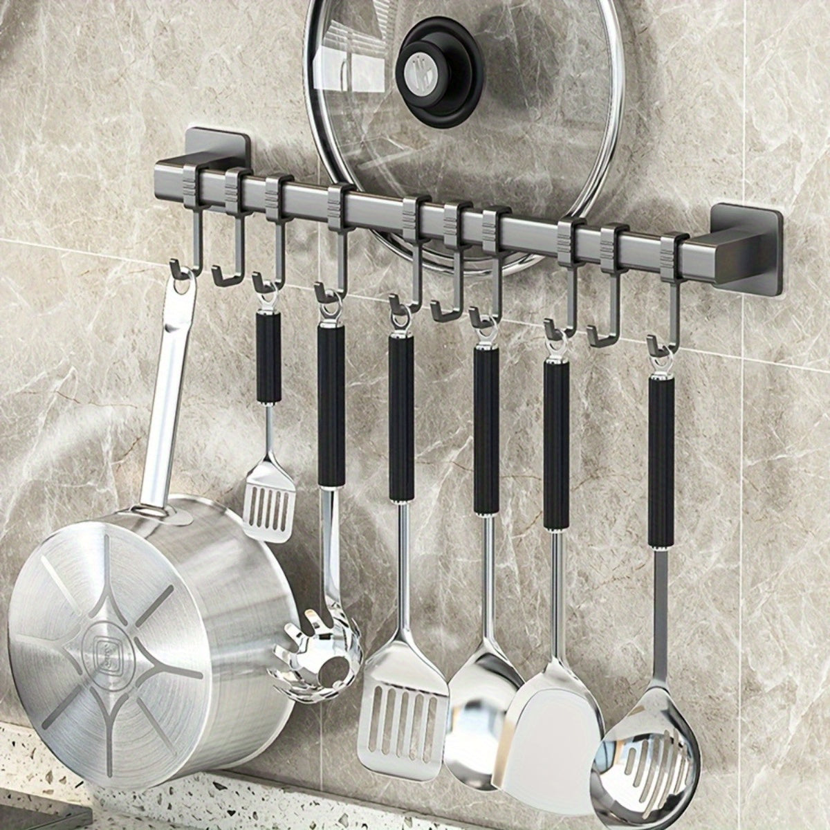 Kitchen Wall Mounted Hanging Rack with 10 Hooks, Plastic Storage Organizer for Pots and Utensils