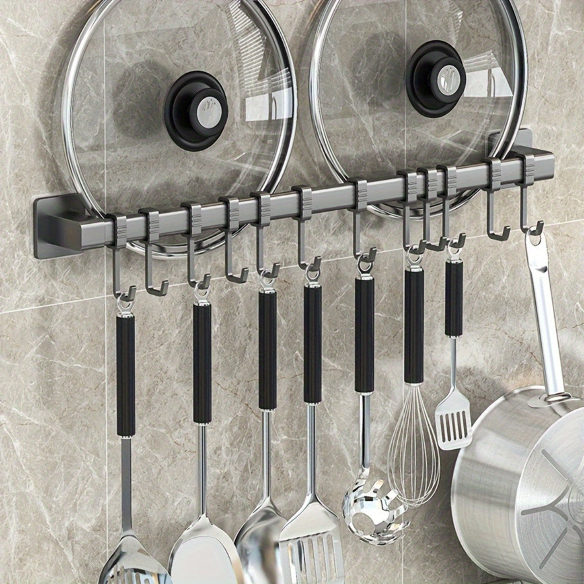 Kitchen Wall Mounted Hanging Rack with 10 Hooks, Plastic Storage Organizer for Pots and Utensils