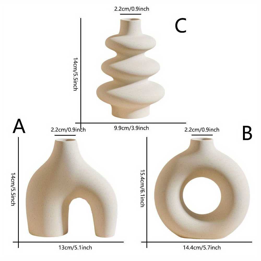 Boho White Ceramic Vase Set 3-Piece Geometric Round for Home Decor Weddings Pampas Grass